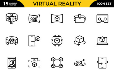 Virtual reality icon set. It contains VR, augmented reality, headset, immersive, mixed reality, AR, 360-degree, and more.Thin outline icons pack. Vector illustration