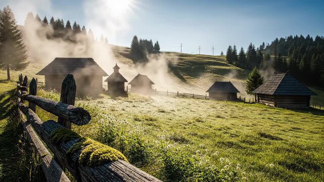 Misty Morning in a Traditional Carpathian Village with Wooden Fences and Huts.