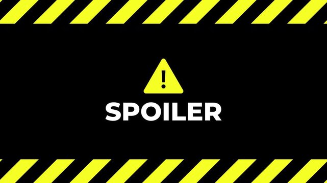 Spoiler warning screen with yellow hazard tape and caution sign animation, used to notify viewers of sensitive or revealed information, common in film reviews, video games, and social media content.