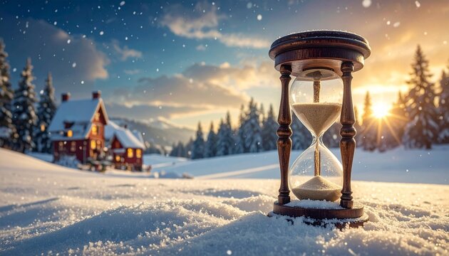 Christmas time slipping away in vintage hourglass ice