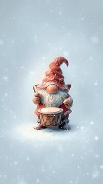 Christmas Dwarf Cartoon Drummer Snowing Background Vertical