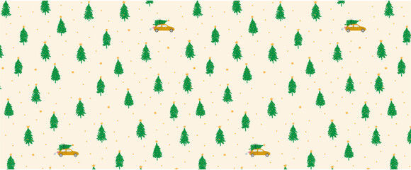 christmas tree forest with car semaless pattern cute background