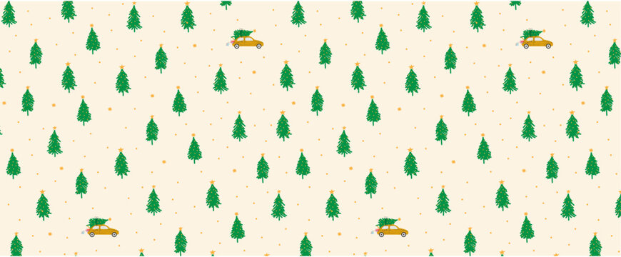 christmas tree forest with car semaless pattern cute background