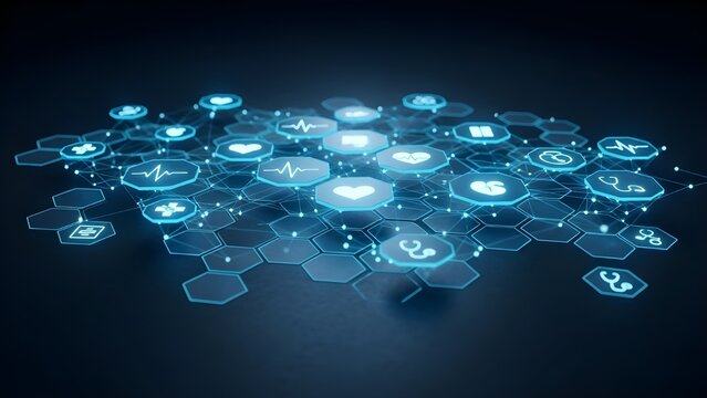 Iconos abstractos de tecnolog&iacute;a m&eacute;dica, antecedentes futuristas de atenci&oacute;n m&eacute;dica, interfaz digital, dise&ntilde;o gr&aacute;fico, posible uso de fotograf&iacute;as de archivo