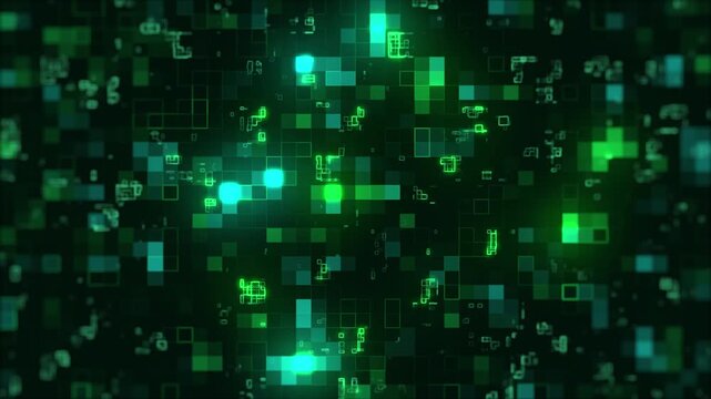 Abstract digital grid animation with green neon glowing dots and rectangular elements
