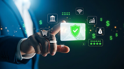 Businessman interacting with digital security shield and financial icons