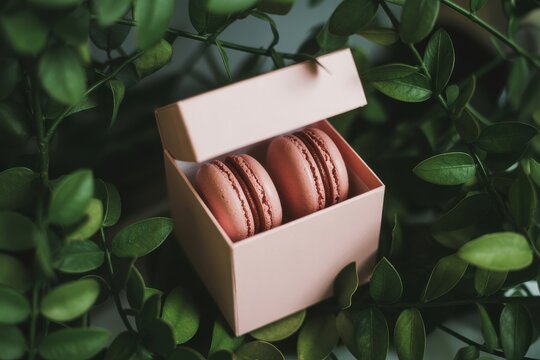 Overhead shot of pink macaron cookies placed inside small gift box - Powered by Adobe