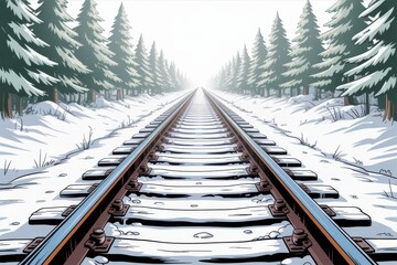 Fototapeta premium Snow covered railway tracks disappearing into misty coniferous winter forest landscape