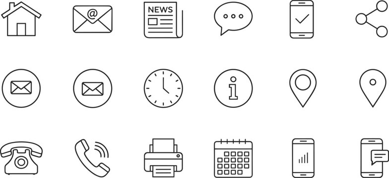 Contact communication line icons set including email, chat, phone, location, calendar, news, information, share, mobile and office symbols