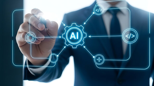 Businessman interacting with a glowing digital interface featuring ai concept - Powered by Adobe