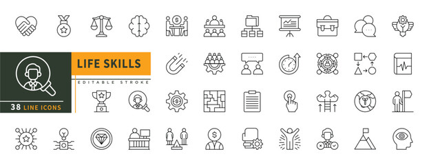 Minimalist Life Skills line icons set with editable stroke, thin linear illustration.