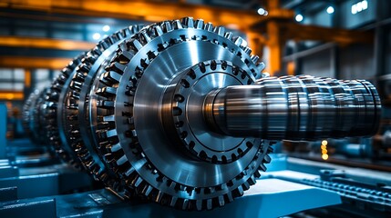 Industrial Metal Turbine Rotor in Factory Workshop  Machinery.