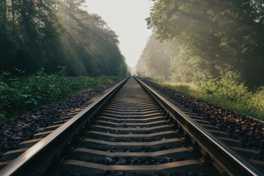Straight railway tracks leading into dense foggy green forest misty morning view - Powered by Adobe