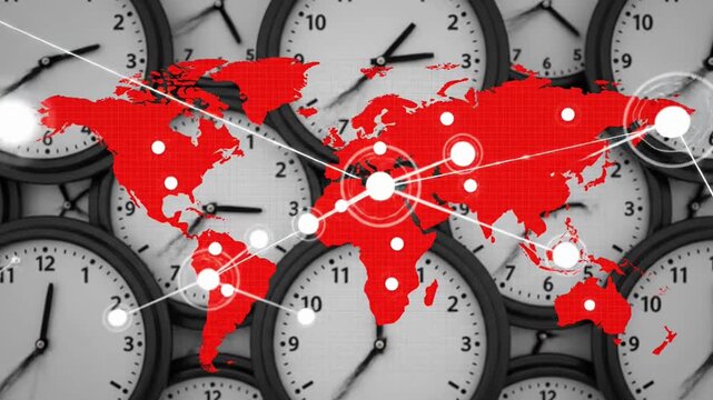 Global Time Zones and Connectivity - A Visual Representation of Worldwide Communication and Synchronized Clocks.