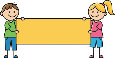 Cute kids holding blank banner cartoon vector illustration for education advertising presentation and message display