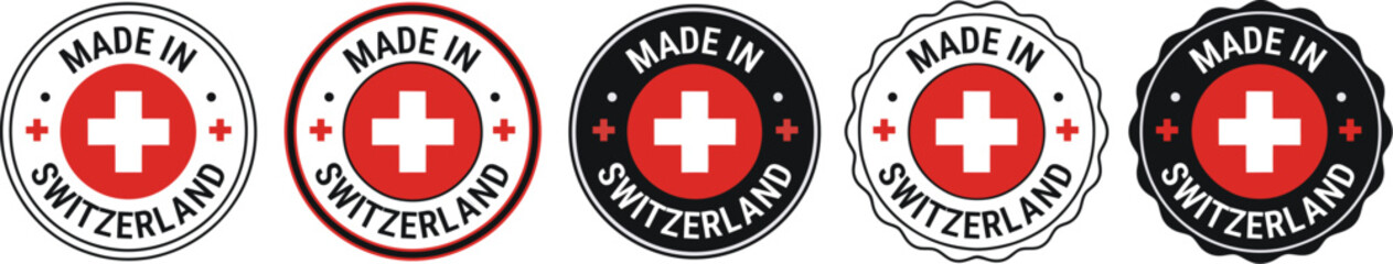 Made in Switzerland Seals: Set of five patriotic Swiss flag cross icons for product labeling, signifying national origin, high quality, and precision manufacturing