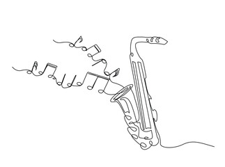 Continuous line art drawing of saxophone music instrument with flowing music note. Saxophone with music notes in single outline illustration.