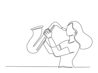 Continuous line art drawing of Saxophonist Perfomance. Woman playing saxophone outline draw illustration.