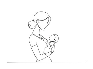Single Continuous Line Drawing of Mother Cradling Newborn Baby