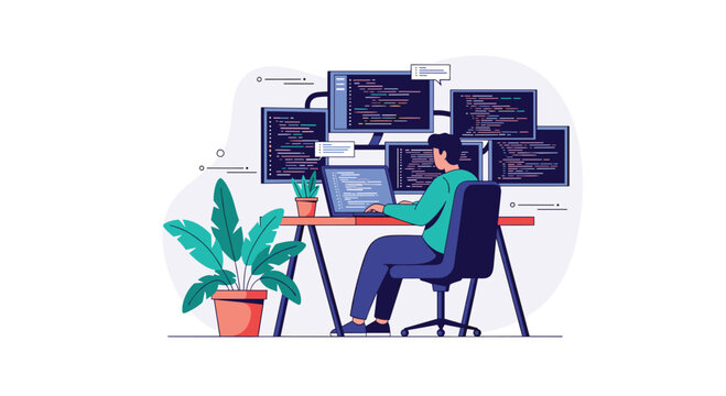 Focused male programmer coding on a laptop and multiple monitors at his workstation in a modern and efficient office setup.