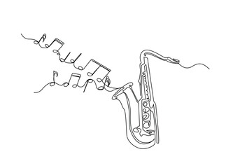 Continuous line art drawing of saxophone music instrument with flowing music note. Saxophone with music notes in single outline illustration.