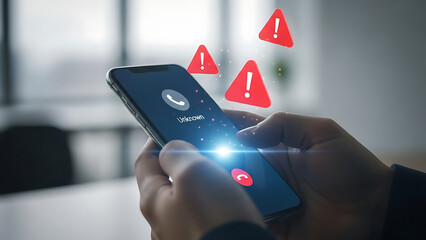 Person receiving an incoming call with multiple red warning signs floating above
