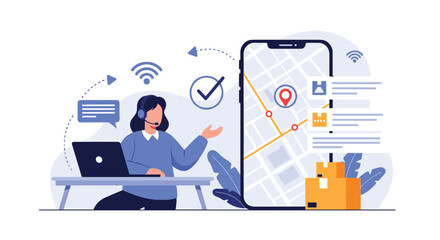 Female customer service agent at her desk helps a client with package tracking using a map on a large smartphone.