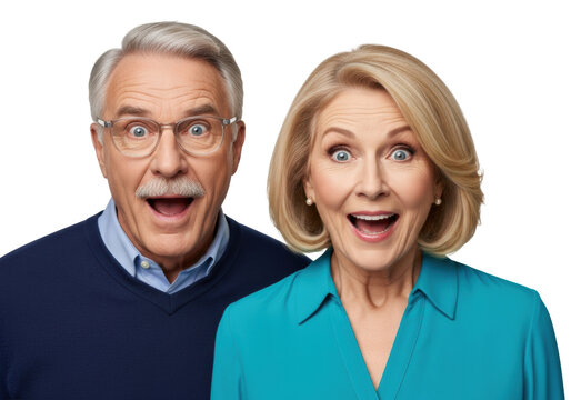 medium close-up of senior caucasian man in navy sweater and woman in teal blouse, displaying exaggerated positive shock and awe on a transparent studio background. concept for unbelievable