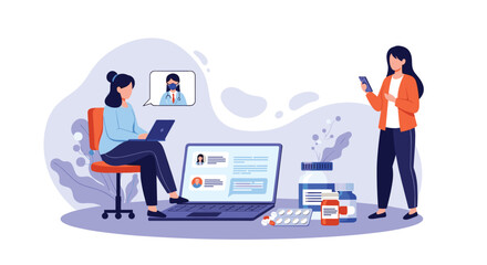 Two women use online telehealth services to consult with a doctor and order prescription medicine via laptop and phone.