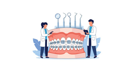 Professional male and female orthodontists examine a large model of human teeth with metal braces using various dental tools.