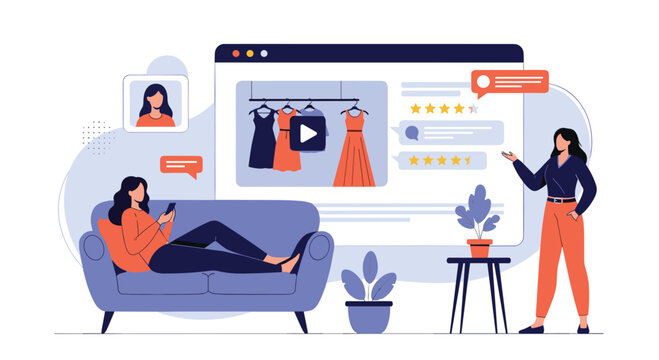 Two women collaborate on an online fashion store with one customer shopping on her phone from the sofa at home. - Powered by Adobe