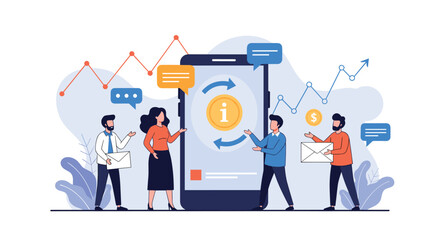 A business team collaborates on a mobile finance application discussing data exchange and online money transfer strategies.