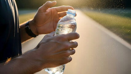 Athletic Runner Squeezing Water Bottle with Frozen Droplets