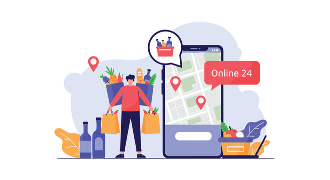 Man uses a mobile app for a 24-hour online grocery delivery service with map tracking to conveniently order food and drinks.