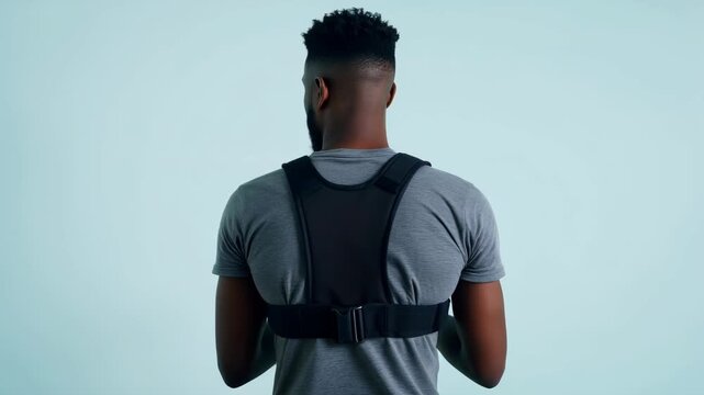 Rear view of a young Black man wearing a posture correction belt 
