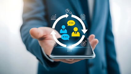 Businessman holding smartphone displaying continuous communication and feedback cycle