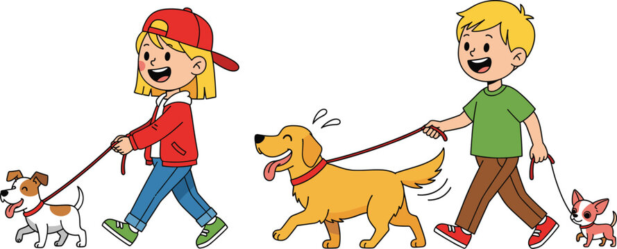 Happy kids walking dogs cartoon vector illustration with children enjoying outdoor pet care and playful activity