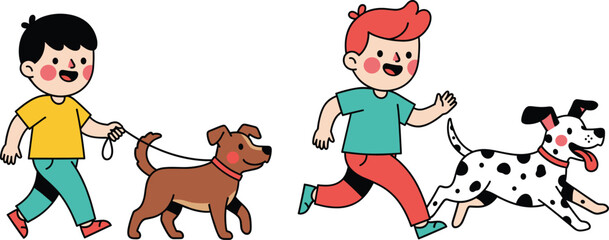 Happy kids walking dogs cartoon vector illustration with children playing outdoors and enjoying pets companionship