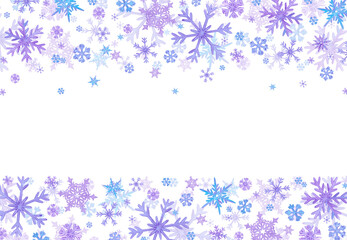 Hand drawn watercolor lilac purple and blue snowflakes frame border. Winter Illustration isolated on white background. Can be used for postcard, invitation and other printed products