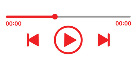 Audio or video player progress loading bar with time slider, play, rewind buttons. Simple template of media device playback panel interface. Minimalist web display. White light theme