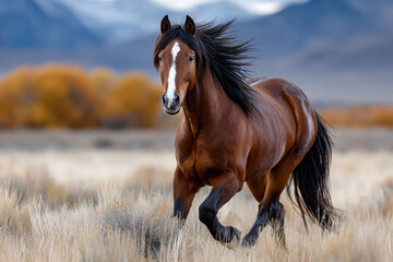 Wild Horse Running Through Autumn Field with Mountains