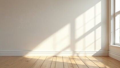 Room interior photo with wooden floor white wall and window. Natural sunlight creates shadows. Modern design apartment space with copy space. Abstract background.
