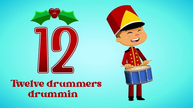 The 12 Days Of Christmas - 12th Day - Twelve Drummers Drumming - 4K Animation Video Motion Graphics With Background
