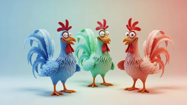 Vibrant Animated Roosters Dancing and Celebrating Together in a Whimsical Stop Motion Style Video.
