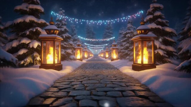 A row of Christmas lanterns lighting up a snowy stone pathway