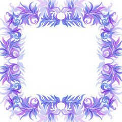 Hand drawn watercolor blue and lilac frost pattern and confetti frame border. Winter Illustration isolated on white background. Can be used for postcard, invitation and other printed products