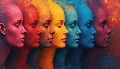 Abstract illustration of diverse faces in side profile with varying vibrant colors. Portraits symbolize different emotions feelings concepts ideas. Digital artwork design suitable for mental health