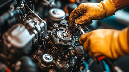 Mechanic Hands Fixing Car Engine with Wrench.