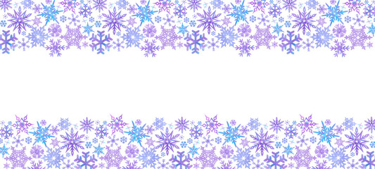 Hand drawn watercolor lilac and blue snowflakes with confetti banner frame border. Winter Illustration isolated on white background. Can be used for banner, invitation and other printed products