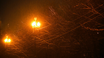 Night winter street lamp with falling snow